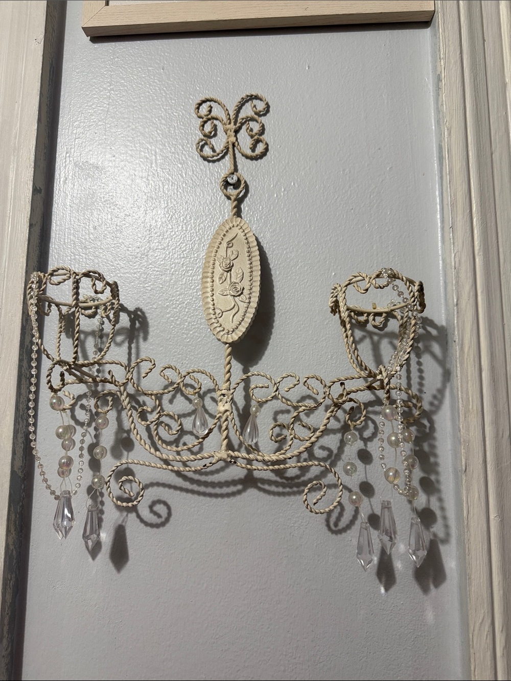 Ivory Filigree Pearl Drop Wall Sconce iron cottagecore vintage